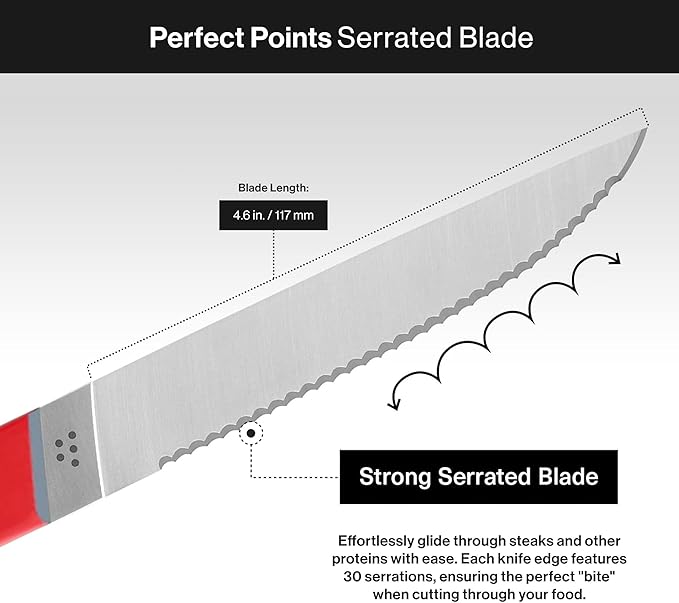 Misen Steak Knives Set of 4 - Precision Serrated Blades for Effortless Dining - German Stainless Steel - Superior Cuts with Four Steak Knives - Comfortable, Sleek Handles - Red