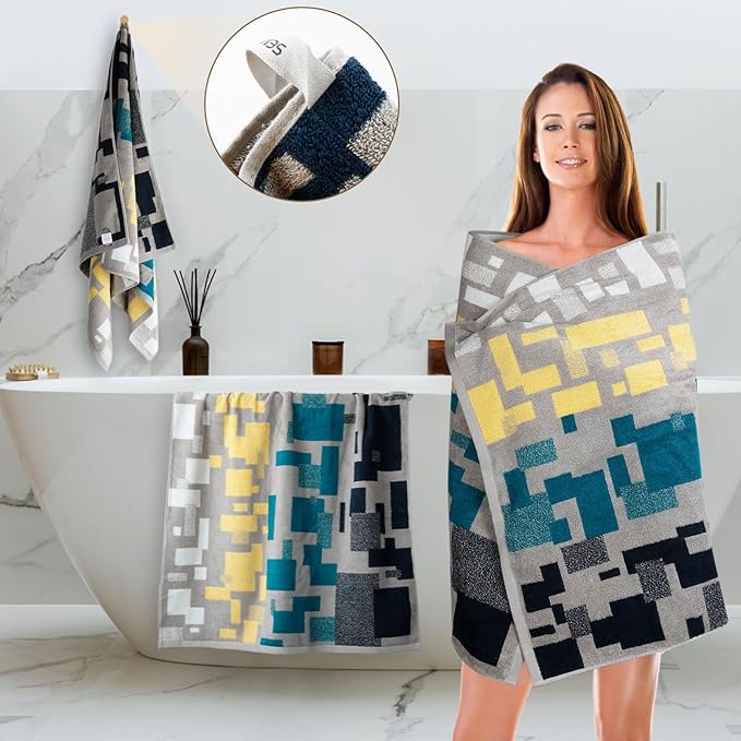 SEMAXE 4-Pack Luxury Bath Towels for Bathroom, 100% Cotton, Soft, Absorbent, and Quick-Drying, 55"x27", Impression, Perfect for Hotels, Gyms, and Spas