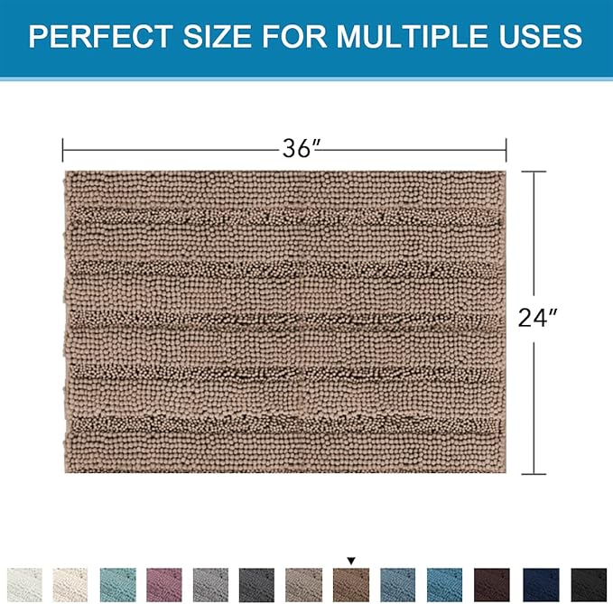 H.VERSAILTEX Bath Mats for Bathroom Non Slip Extra Thick Chenille Striped Bath Rug 24" x 36" Absorbent Non Skid Fluffy Soft Shaggy Rugs Washable Plush Mats for Indoor, Bath Room, Tub - Taupe Brown