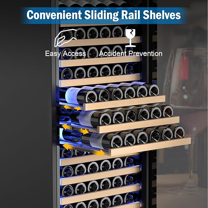 Wine Fridge 24 Inch, 190 Bottles Freestanding or Built-in Wine Cooler Refrigerator with Sliding Rail Shelves, Professional Wine Cellar Low Noise, Black