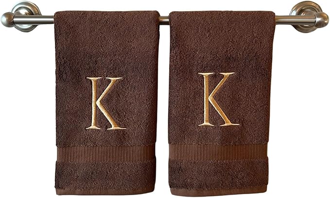 Brown Initial Hand Towel for Bathroom - Monogrammed Luxury Hotel Quality Decorative Embroidered Towel for Powder Room, Spa - GOTS Organic Certified - Set of 2 Beige Letter K