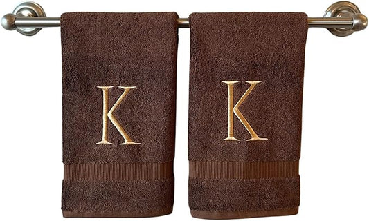 Brown Initial Hand Towel for Bathroom - Monogrammed Luxury Hotel Quality Decorative Embroidered Towel for Powder Room, Spa - GOTS Organic Certified - Set of 2 Beige Letter K