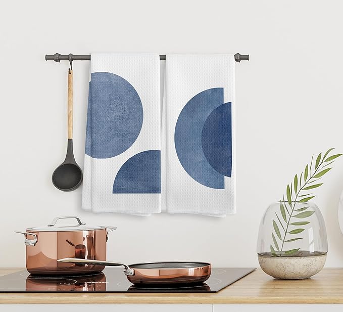 Bohemian Blue Circle Kitchen Towels and Dishcloths Set of 2, Abstract Flower Decorative Hand Towels, Blue Botanical Drying Cloth Towels for Bohemian Bathroom, 1624 Inches