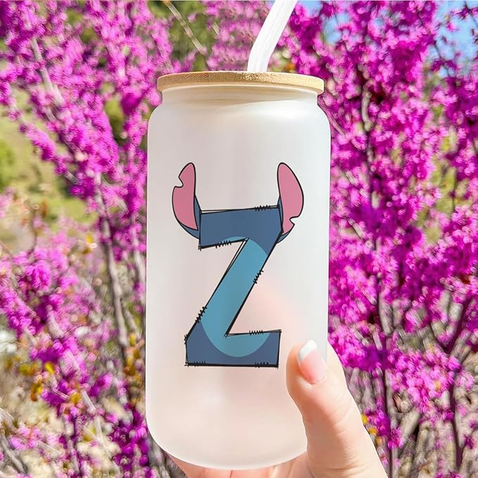 Cute Cartoon Lover Gifts Initial A-Z Personalized Iced Coffee Cup Cartoon Merch 16oz Glass Cup with Lid and Straws Birthday Christmas Gifts for Women Teen Girls Fans (Letter Z)
