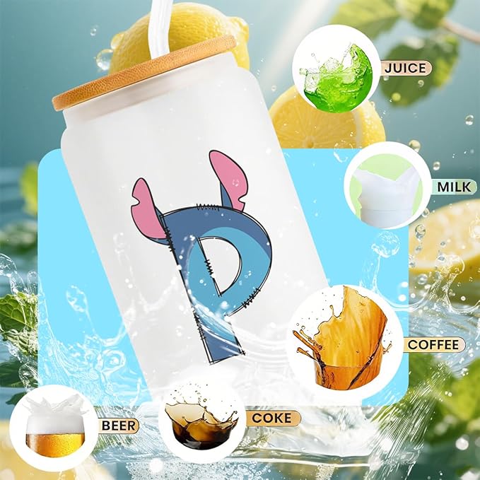 Cute Cartoon Lover Gifts Initial A-Z Personalized Iced Coffee Cup Cartoon Merch 16oz Glass Cup with Lid and Straws Birthday Christmas Gifts for Women Teen Girls Fans (Letter P)