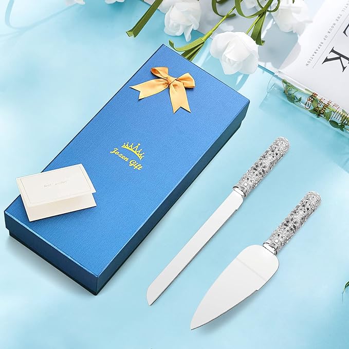Wedding Cake Knife and Server Set - 2 Piece Dessert Set Metal Handle with Crystal Stones Decoration for Wedding, Anniversary Party Birthday Banquets and Gifts for Bride and Groom