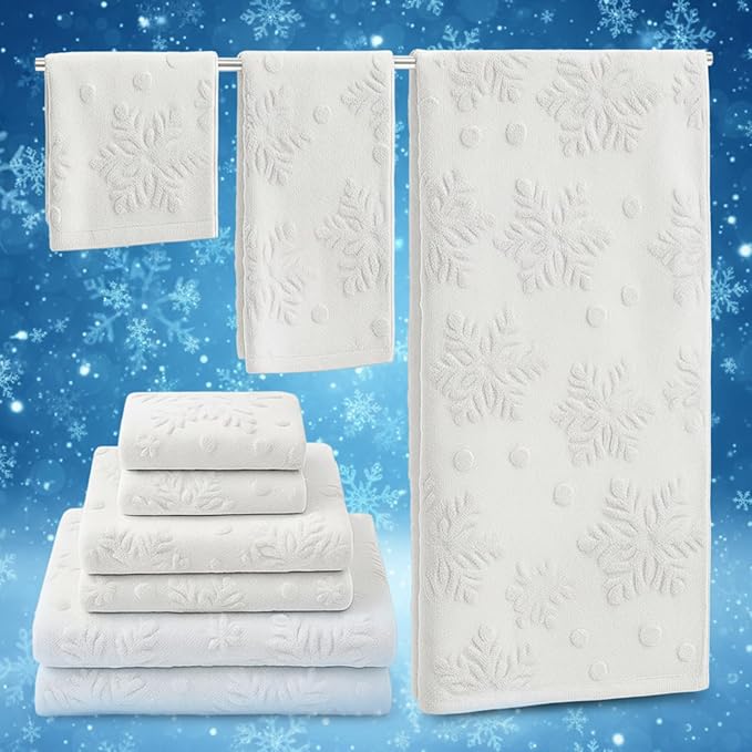 Peryiter 6 Pack Cotton 3D Christmas Snowflake Bath Towels Set White Winter Towels for Bathroom, Soft and Absorbent, Contains 2 Bath Cloth, 2 Hand Cloth and 2 Washcloths