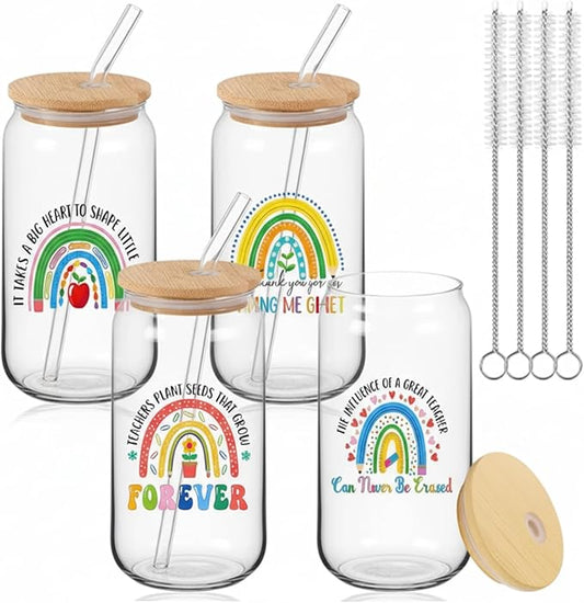 4 Pcs 16 oz Christmas Teacher Gifts for Women Teacher Appreciation Gifts Thank You Coffee Cup Tumbler Drinking Glass Beer Cups with Bamboo Lids Glass Straw Cleaning Brush for Employee Staff(Peppy)