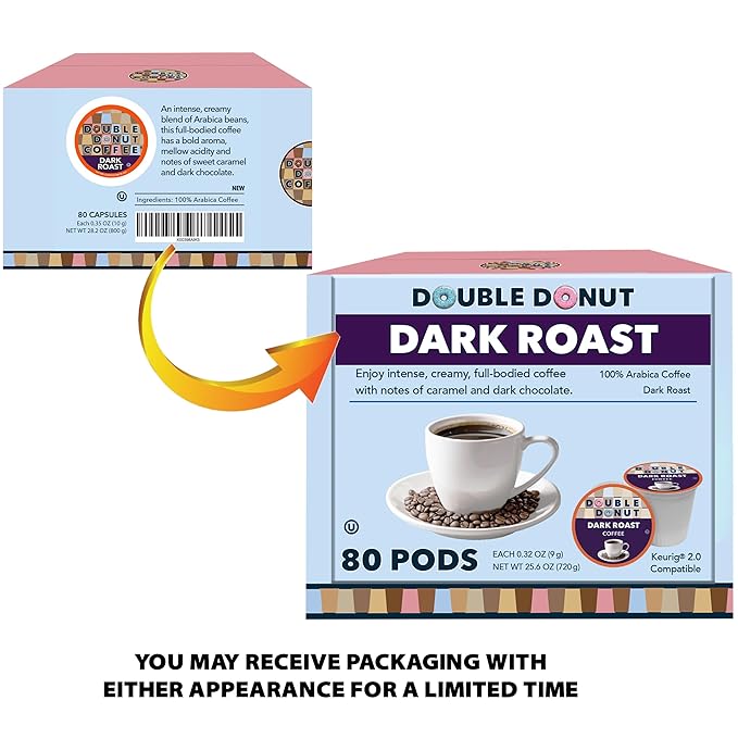 Double Donut Coffee Dark Roast Coffee Pods, Extra Bold Blend Coffee, Single Serve Coffee For Keurig K Cups Machines, Dark Roast Coffee in Recyclable Pods, 80 Count