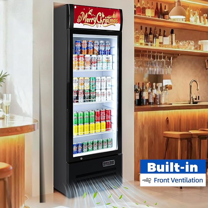 Commercial Refrigerators 9 Cu.Ft Upright Merchandiser Drink Cooler – Glass Door Beverage Fridge with LED Light, Adjustable Shelves, Lock Wheels – Display Refrigerator for Beer, Bar, Shop