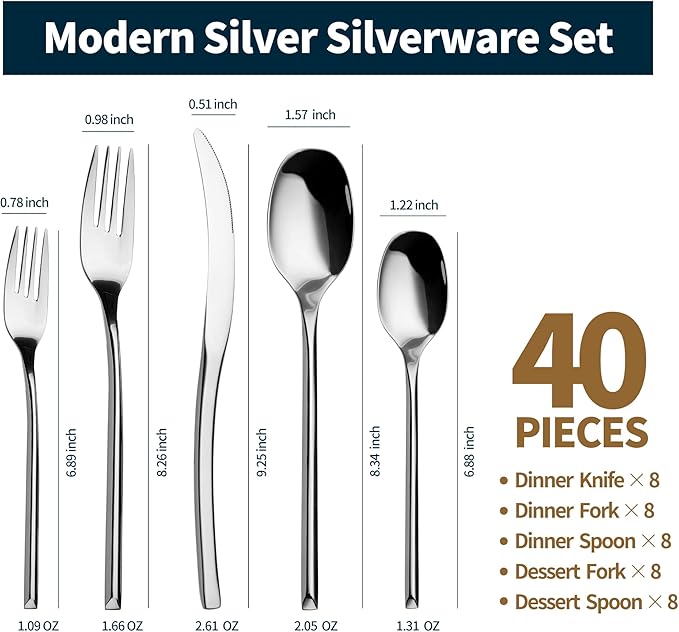 Lemeya 40-Piece Silverware Set for 8,Modern 18/10 Stainless Steel Flatware Set,Luxury Cutlery Set,Unique Utensils Set for Restaurant,Spoons and Forks Set,Mirror Polished,Dishwasher Safe