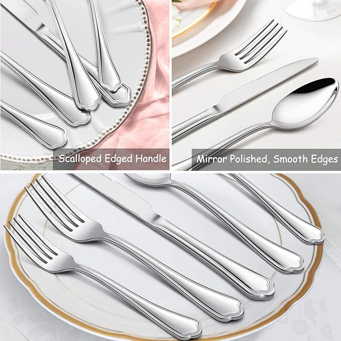 Dinner Forks Set of 6, E-far 7.9 Inch Stainless Steel Forks for Home, Kitchen or Restaurant, Non-toxic & Mirror Polished, Scalloped Edge & Dishwasher Safe