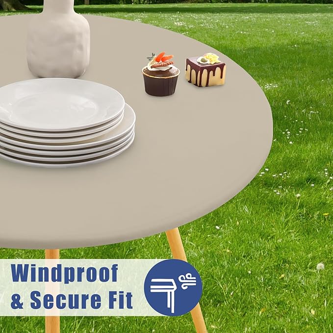 Round Spandex Tablecloth, Elastic Fitted Waterproof Tablecloths for 57"-68" Tables, Stretch Washable Picnic Table Cover for Camping, Dining, Indoor and Outdoor, Taupe