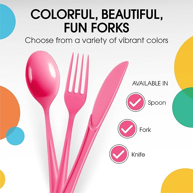 Party Solids Hot Pink Disposable Plastic Forks, 200 Pcs, 7.5 Inch, Heavy Duty, Hot Pink, Plastic Silverware