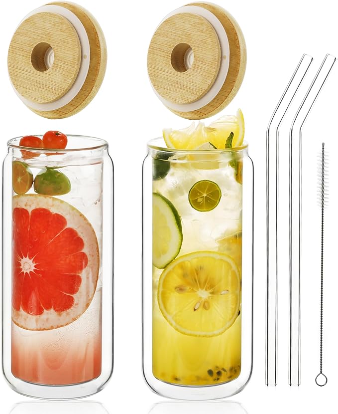 LIBWYS 16oz Double Wall Drinking Glass Cups with Bamboo Lids and Straws, 2 Pc Set – Condensation Resistant Insulated Glass Can Tumblers for Cold Drinks, Iced Coffee, Tea, Juice, Cleaning Brush