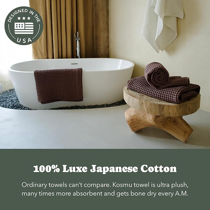 Luxury Organic Japanese Cotton Waffle Bath Towel | Thick, Absorbent, Quick Dry Bathroom Towels for Shower, Sauna, Onsen| Hotel & Spa Quality, Gift-Ready (Dark Cocoa, Bath Towel, 55" x 34")