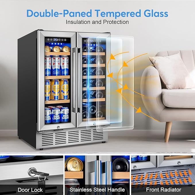 Wine and Beverage Refrigerator with Glass Door, 24-Inch Dual Zone Wine Fridge Under Counter - 18 Bottle and 88 Can Large Capacity Led Blue Light Smart Fast Cooling Wine Cooler