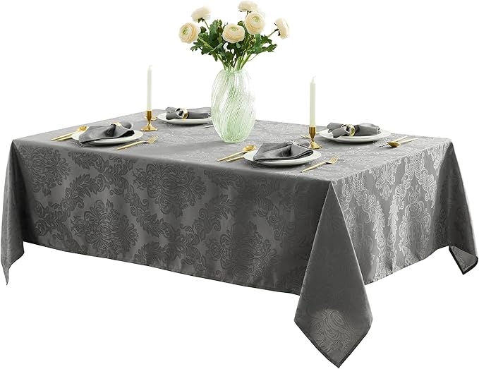 Newbridge Christmas Barcelona Damask Fabric Tablecloth, 52 x 52 Inch Square, Grey – No Iron, Soil Resistant Table Cover for Dining, Parties and Holidays