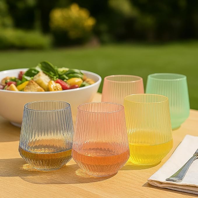 40 count Origami Ripple Unbreakable Stemless Plastic Wine Champagne Whiskey Glasses Elegant Durable Disposable Indoor Outdoor Ideal for Home, Bars, Wedding, Ribbed 12 Ounce Cups (Color Collection)