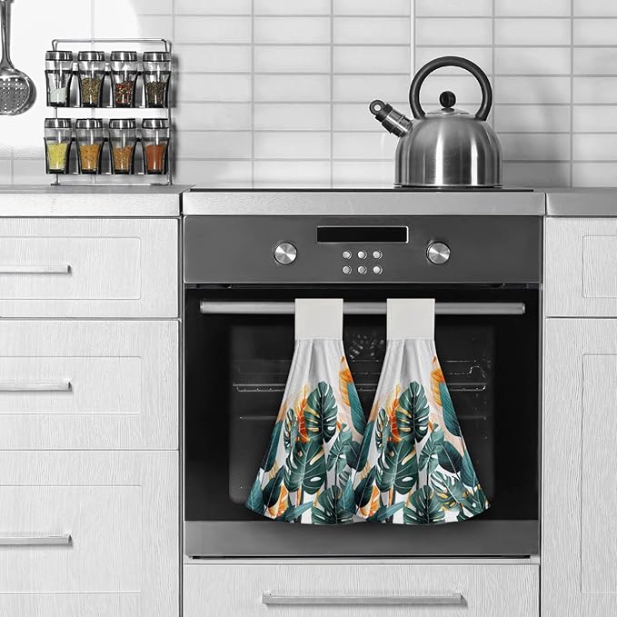 Giwawa Palm Leaves Hanging Kitchen Towels Tropical Leaf Dish Cloth Tie Towels 2 Pcs Hand Towel Tea Bar Dry Towel for Bathroom Laundry Room