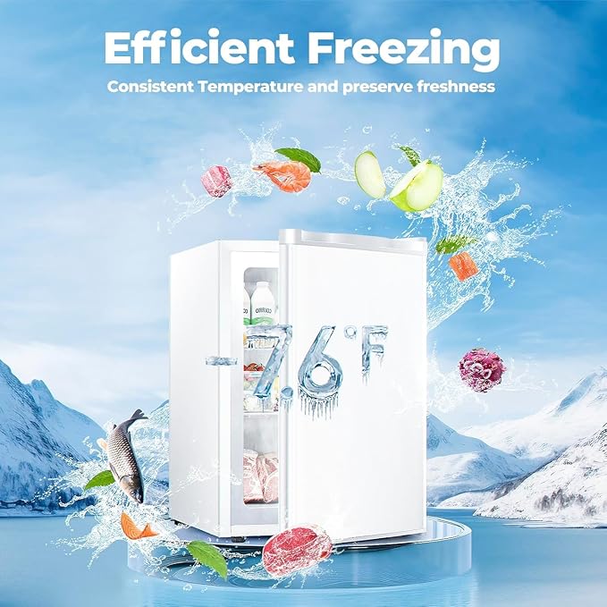 3.0 Cu.ft Upright Freezer, Small Mini Freezer with Adjustable Thermostat, Removable Shelves, Reversible Single Door, for Bedroom/Home/Dorms/Apartment, White
