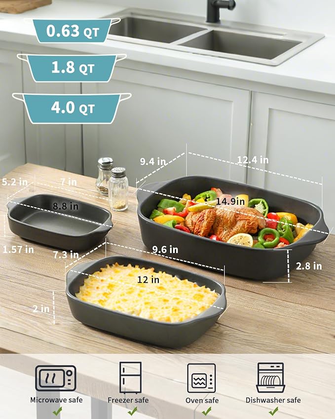 Casserole Dishes for Oven, Stoneware Baking Dishes Set of 3, Ceramic Baking Pan, Deep Rectangular Lasagna Pan, Farmhouse Bakeware Sets for Christmas Gift, (14.9"/12"/8.8"), Matte Black