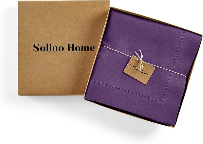 Solino Home Linen Tablecloth for Rectangle Tables 60 x 144 Inch - Classic Hemstitch 100% Pure Linen Purple Table Cloth - Machine Washable Cloth Tablecloth for Valentines