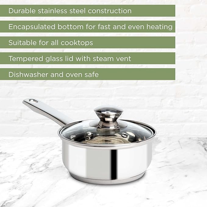 Ecolution Stainless Steel Sauce Pan, Encapsulated Induction Ready Cooking Pot with Glass Lid, Oven Safe, Dishwasher Safe Soup Pot, 1-Quart