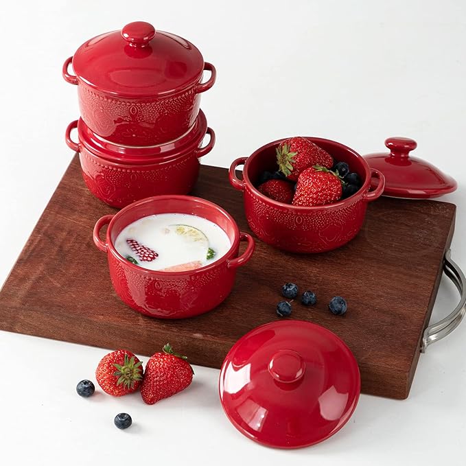 Mini Cocotte Set, 10 OZ Small Casserole Dishes with Lids, Ceramic Kitchen Casserole Sets With Handles, French Onion Soup Bowls, Soup Crocks for French Onion, Desserts, Beef Stew, Cereal, Pot Pies, Set of 4 (Red)