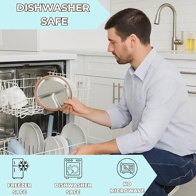 Stainless Steel Toddler Feeding Set 4 Pieces – Suction Plate, Silicone Bib, Spoon & Fork – Divided Plates for Baby Led Weaning, BPA-Free, Removable Shell (Mocha Mousse)