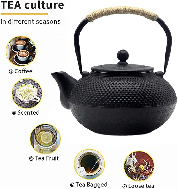 Big Cast Iron Teapot, Japanese Tetsubin Tea Kettle for Stovetop Safe, Cast Iron Teapot with Stainless Steel Infuser for Loose Tea and a Fully Enameled Interior (1500ml Tea Set with Cups)