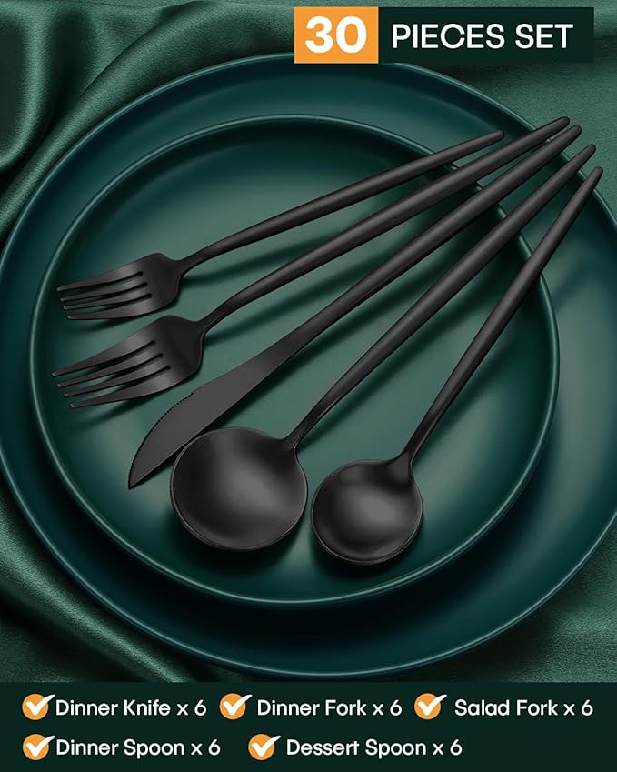 EUIRIO 30-Piece Silverware Set for 6, Stainless Steel Flatware Set Matte Black Grey, Modern Brushed Thick Cutlery Set with Spoons Forks and Knives, Utensil Sets for Home Kitchen Hotel, Dishwasher Safe