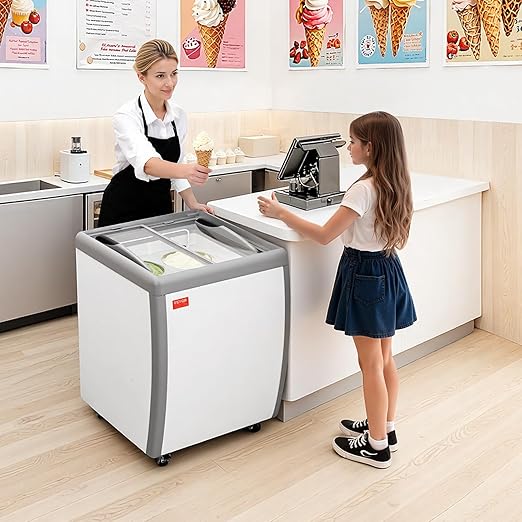 VEVOR Commercial Ice Cream Display Case, 5.6 Cu.ft Chest Freezer, Restaurant Gelato Dipping Cabinet Top Deep Freezer with Locking Casters, Sliding Glass Door, LED Lighting, Hold 4 Ice Cream Tubs