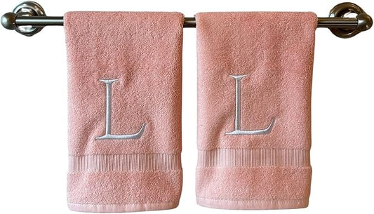 Pink Initial Hand Towel for Bathroom - Monogrammed Luxury Hotel Quality Decorative Embroidered Towel for Powder Room, Spa - GOTS Organic Certified - Set of 2 Letter L