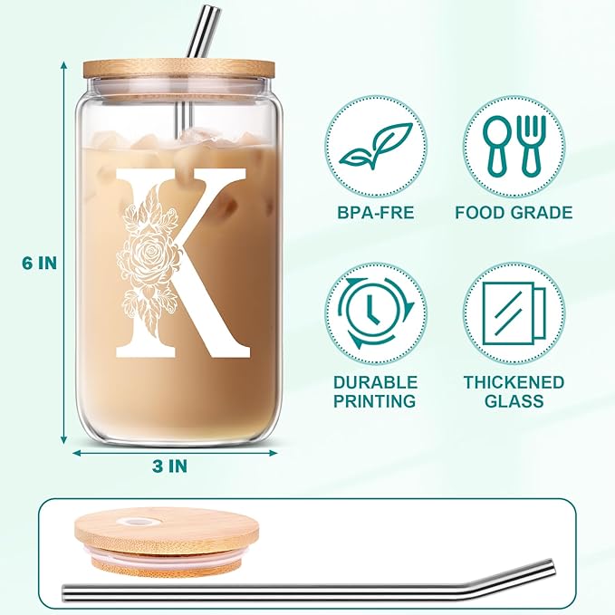 K Coffee Iced Cute Glass Cups with Lids and Straws - Personalized Monogrammed Gifts for Sister, Mom, Friend, Wife - Birthday, Christmas, Mother's Day, Thank You Gift Ideas 2024