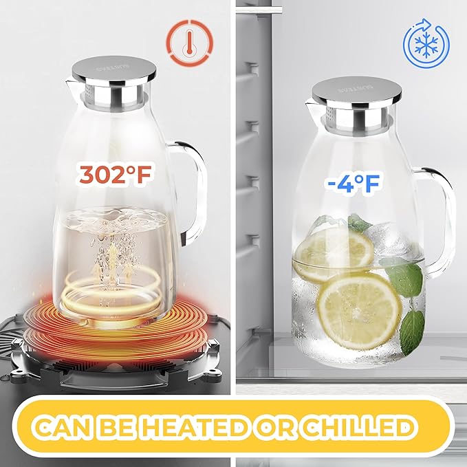 SUSTEAS 3 Liter 101 oz Glass Pitcher with Lid and Nozzle, Cold/Hot Water Glass Water Bottle, Ice Tea Water Jar for Refrigerator, Large Water Jar for Juice, Milk, Coffee or Homemade Drinks,Vase