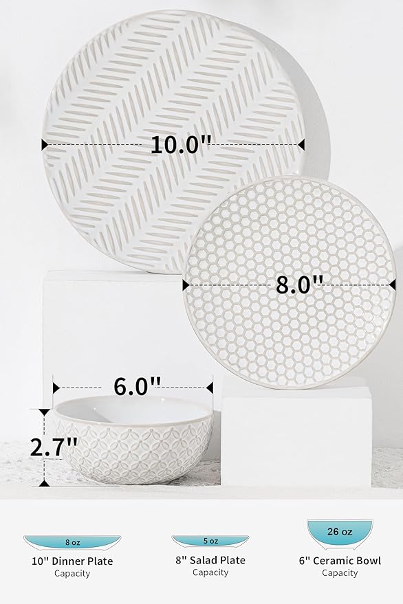 12 Piece Embossed Dinnerware Sets for 4, Elegant Plates and Bowls Sets, Microwave & Dishwasher Safe, Stoneware for Stylish Home Dining–Perfect Housewarming Gift for Busy Families & Hostesses