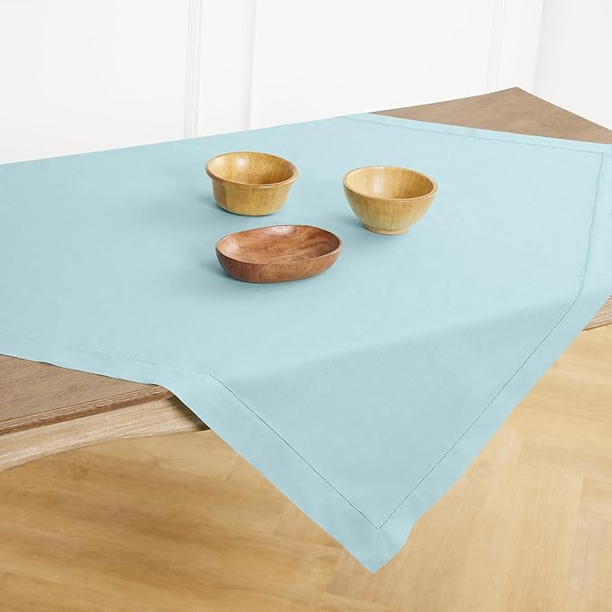 Solino Home Linen Square Tablecloth 52 x 52 Inch - 100% Pure Linen Aqua Blue Table Throw - Classic Hemstitch, Machine Washable Table Cloth for Winter
