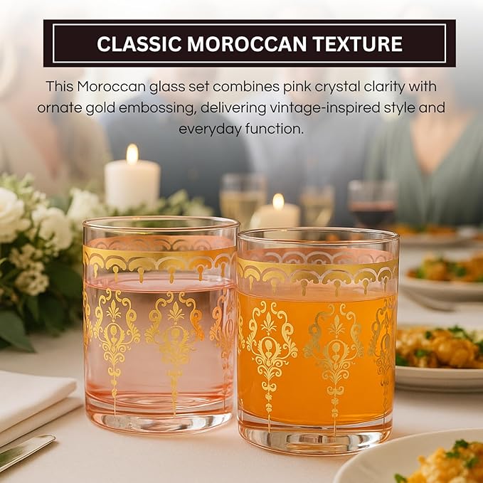 Khen Pink Moroccan Tumbler Glassware | Set of 2 | Gold Ornate Vintage Decorative Drinking Cups, Retro Bohemian Pattern Barware for Water, Whiskey, Cocktail, Iced Tea, Durable Embossed Home Drinkware