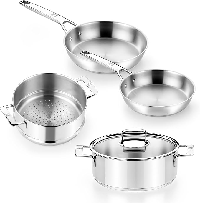 BRA COOKWARE Signature 5 Piece Cookware Set | Stainless Steel Professional Kitchenware Set | 1 Pot, 1 Colander, 2 Frying Pans, 1 Lid | All Stovetop Compatible | PFOA Free