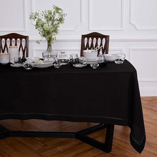 Solino Home Linen Black Tablecloth 70 x 120 Inch - Sonoma Hemstitch, 100% Pure Linen Rectangular Tablecloth - Machine Washable Table Cloth for Winter, New Year