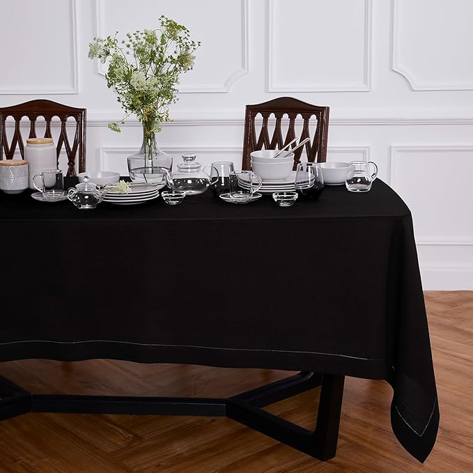 Solino Home Linen Black Tablecloth 70 x 90 Inch - Sonoma Hemstitch, 100% Pure Linen Rectangular Tablecloth - Machine Washable Table Cloth for Winter, New Year