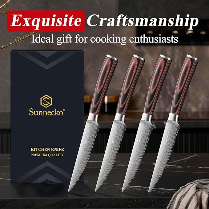 Sunnecko Razor-Sharp Steak Knives Set of 4,Premium Stainless Steel Serrated Steak Knife Set,Pakkawood Handle 4.5 Inch Kitchen Steak Knife with Gift Box