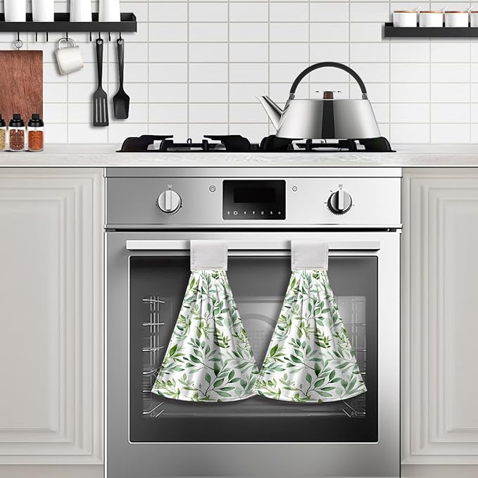 Spring Green Leaves Hanging Hand Towels Watercolor Eucalyptus Leaf Tie Towel Summer Hanging Dish Towels Absorbent Washable Kitchen Towel with Loop for Bathroom Kitchen