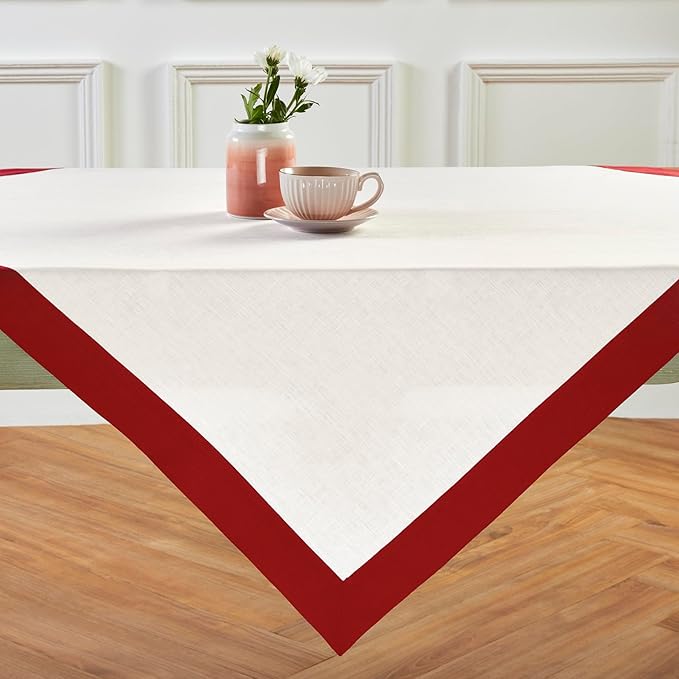 Solino Home Linen Square Tablecloth 52 x 52 Inch - 100% Pure Linen Red and White Table Throw - Contempo, Machine Washable Table Cloth for Valentines, New Year