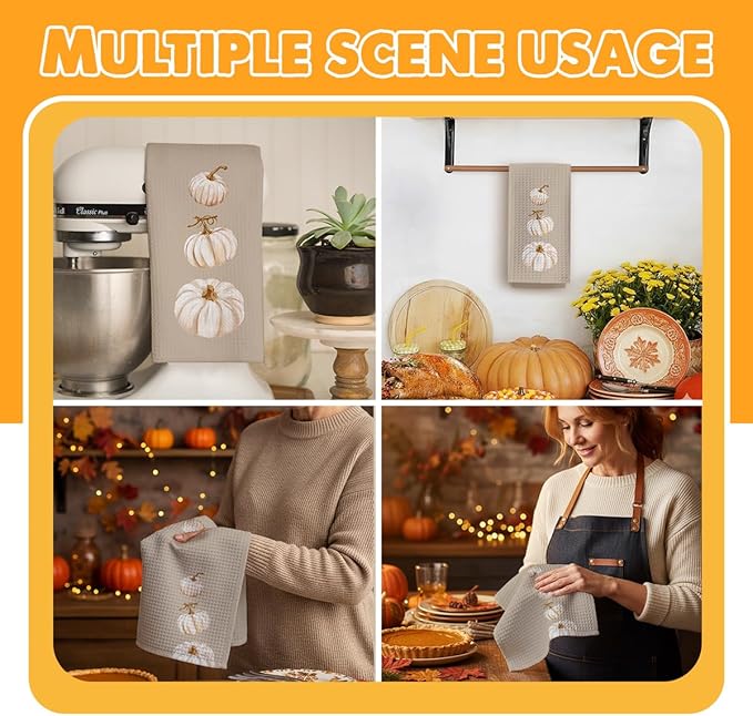 Pumpkin Fall Kitchen Towels, Farmhouse Autumn Dish Hand Towels Microfiber Waffle Weave 16x23.5 Inch, Rustic Thanksgiving Halloween Fall Decor for Kitchen Bathroom-C07