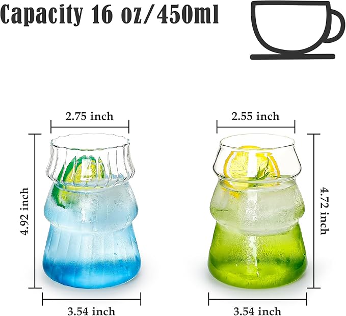 Koythin 2-Piece Ribbed Glass Cups, Vintage Drinking Glassware for Iced Coffee Juice Cocktails Milk Tea Beer, 16 oz/450 ml Cute Bubble Cup (Trees)