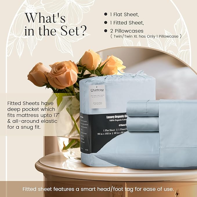 100% Organic Cotton Sheets King Size, 4 Piece Breathable Bed Sheet Set, 15" Deep Pocket King Sheets Cotton, Solid Sateen Weave Luxury Hotel Collection, No Pill & Shrink- Light Blue