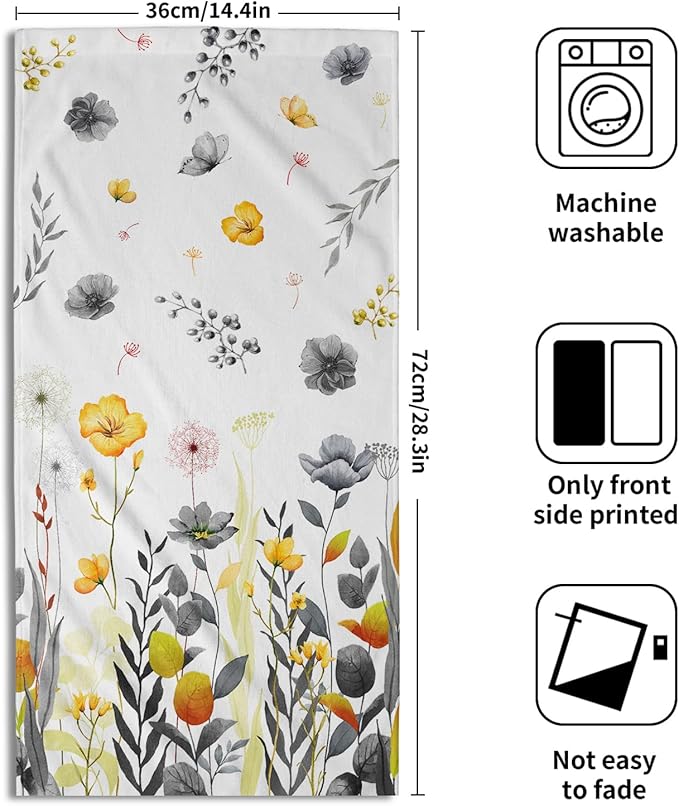 Imiss Grey Yellow Poppy Floral Hand Towel 14.4 x 28.3 Inch Watercolor Botanical Leaf Fingertip Towel Bath Washcloth for Bathroom Kitchen Home Spa，Set of 2