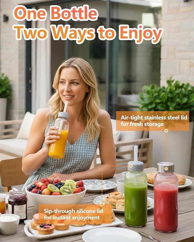 Zukro Glass Water Bottles with Lids & Straw 16 oz, 4 Pack Reusable Juice Bottles With Stainless Steel Cap for Juicing, Leak Proof Clear Smoothie Drinking Jars Beverages Containers, BPA Free